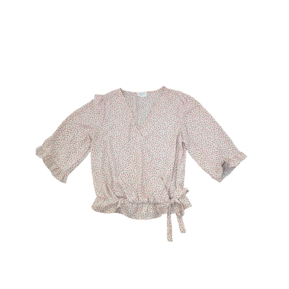 Sienna Sky‎ Blouse Women's L Pink Rose Floral Ruffle Puffed Sleeve Boho Tie